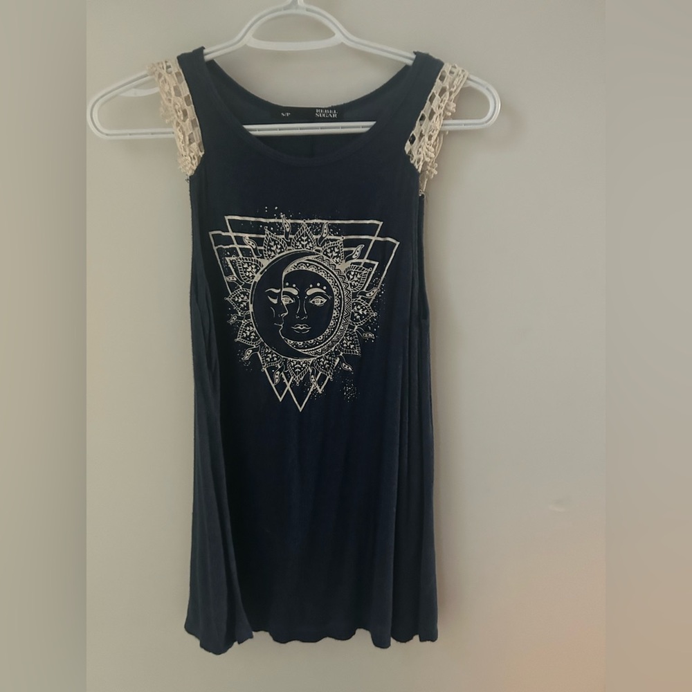 Rebel Sugar Navy Blue Tank Top with Cream Lace and Geometric Design